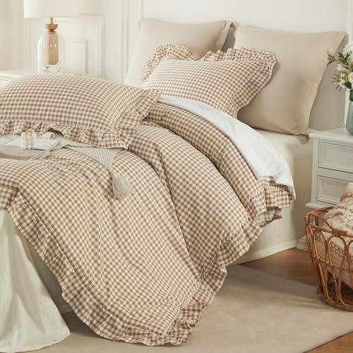 Image of Cupocupa Gingham Ruffle Comforter Set King - 3 Piece Tan Checkered Bedding Set - Aesthetic Cottagecore Ruffled Farmhouse Comforter with 2 Pillow Shams - Soft, Lightweight All Season Bedding
