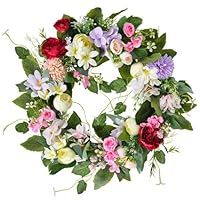 40 cm Frühlingskranz für die Haustür, Künstliche Blumen Kranz Sommerkranz, Großer Künstlicher Bunter Kranz, Frühlings Türkranz mit Grünen Blättern für Fensterdekoration Freien Haustür Home Decor
