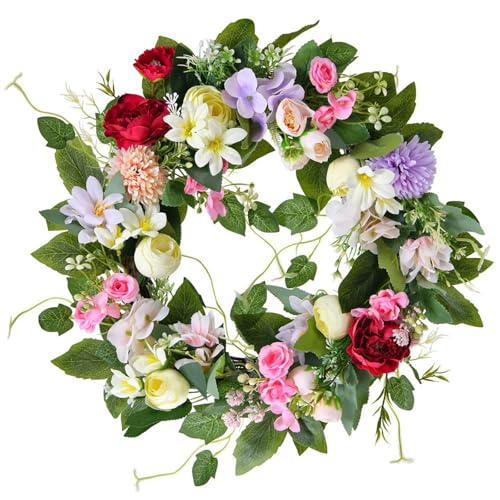 40 cm Frühlingskranz für die Haustür, Künstliche Blumen Kranz Sommerkranz, Großer Künstlicher Bunter Kranz, Frühlings Türkranz mit Grünen Blättern für Fensterdekoration Freien Haustür Home Decor