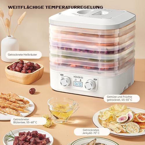 UUE Dörrautomat, 160W Dörrgerät mit 5 Einlegefächer, Dörrautomaten(35-70°C) Temperatur Einstellbar, 48h-Timer Dehydrator, 360° Umwälztrocknung Trockner für Fleisch,Obst,Haustier-Leckereiene, bpa-frei – Bild 4