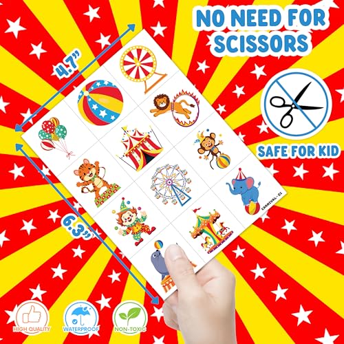 Image of 120 PCS Carnival Circus Clown Pre-Cut Temporary Tattoos for Kids | | Super Cute Themed Birthday Party Favors, Supplies, Decorations, Animal Fake Tattoo Stickers, Gifts for Boys Girls