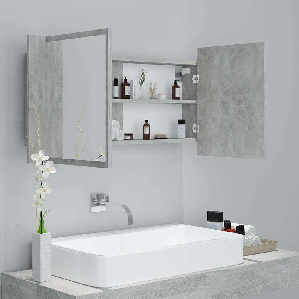 Armoire de Salle de Bain à Miroir LED Gris béton avec éclairage RVB et Rangement intérieur, Design Contemporain, matériaux Acrylique léger, Dimensions 90x12x45 cm