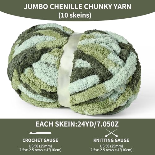 Image of 10 Pack Jumbo Chunky Yarn for Hand Knitting, Fluffy Variegated Chunky Chenille Yarn for Crocheting, 240yds /70.5oz Super Bulky Soft Crochet Baby Blanket Yarn(Forest Green)