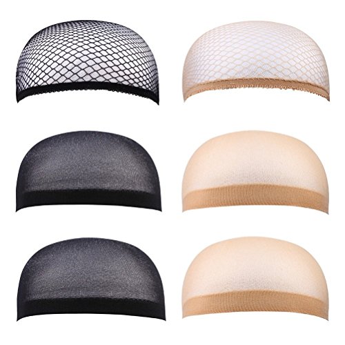 6 Pack Wig Caps, Neutral Nude Beige and Black, Nylon and Mesh