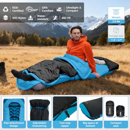 Image of ATEPA Down Sleeping Bag for Adults, Recycled Ultralight 35F 40F 45F 50F 650FP / 700FP 3 Season Compact Sleeping Bags with Compression Sack for Backpacking Camping Hiking, Can Be Attached to Pad
