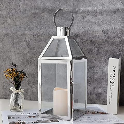 JHY Design Faroles decorativos plateados de acero inoxidable de 40,6 cm de alto con vidrio templado Cover