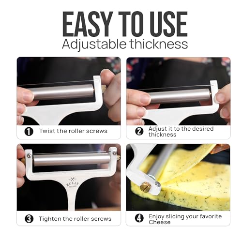 Image of Zulay Kitchen Stainless Steel Wire Cheese Slicer - Adjustable Hand Held Cheese Cutter with 2 Extra Wires - Premium Cheese Shaver For Mozzarella, Cheddar, Gruyere - Cheese Cutter with Wire (White)