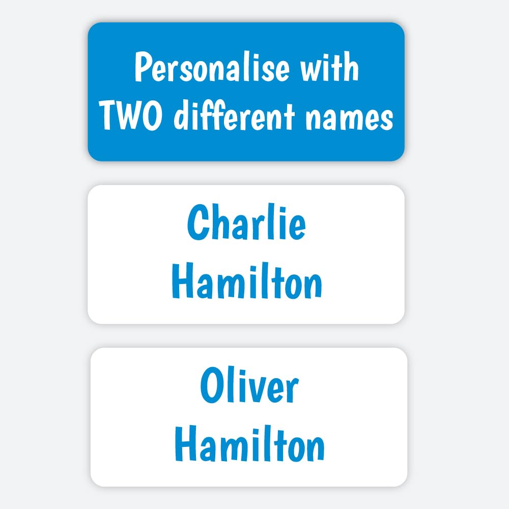 96 Personalised Name Labels for Clothes Kids – Stick-On Waterproof Tags with 2 Names – Shared Blue Sheets for Siblings, School & Nursery (SFP) — image 1