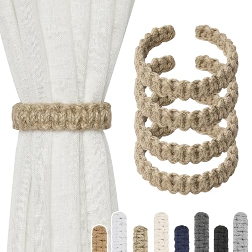 Pretty Jolly 4-pack naturliga juterep gardinbindningar bondgård rustik stil dekorativ draperi bakstycken handgjorda flätade gardinhållare för hem och kontor ren / lätt draperi (jute naturlig)