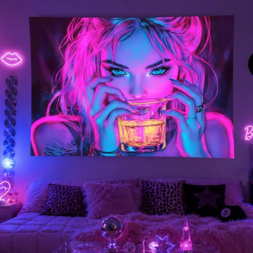 Image of BlissYard Blacklight Anime Girl Tapestry 78x59 Inch Girl Poster | Cool Cute Woman UV Reactive Wall Hanging, Glow in The Dark Aesthetic Poster for Bedroom Room Party Backdrop Bar Decor