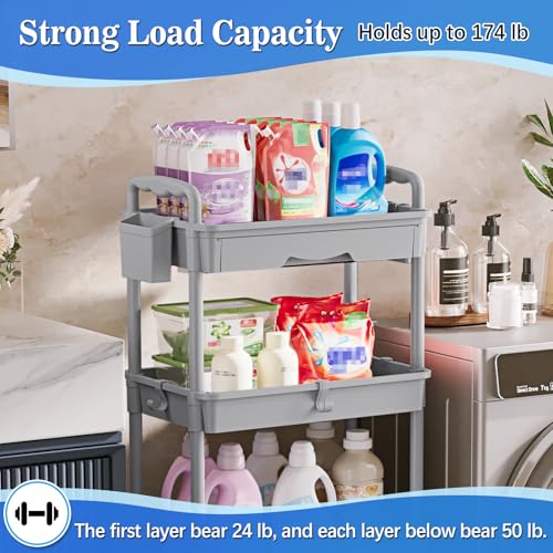 Image of SUNALLY 4 Tier Rolling Utility Cart with Drawer, Storage Organizer Cart with 2 Lockable Wheels, Multifunctional Rolling Storage Cart for Bathroom, Kitchen, Craft, Makeup, Baby Essentials, Gray