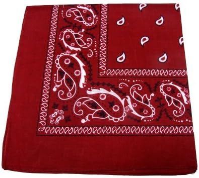 100% Cotton Double Sided Print Paisley Bandana Scarf, Head Wrap - Cardinal, 22" X 22"
