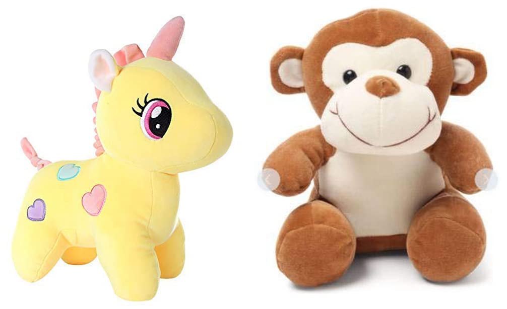 Babique Unicorn Teddy Bear Plush Soft Toy Cute Kids Birthday Animal Baby Boys/Girls (25 cm, Yellow) + Monkey Sitting Plush Soft Toy Cute Kids Animal Home Decor Boys/Girls (28 cm) - (Set of 2 Toys)