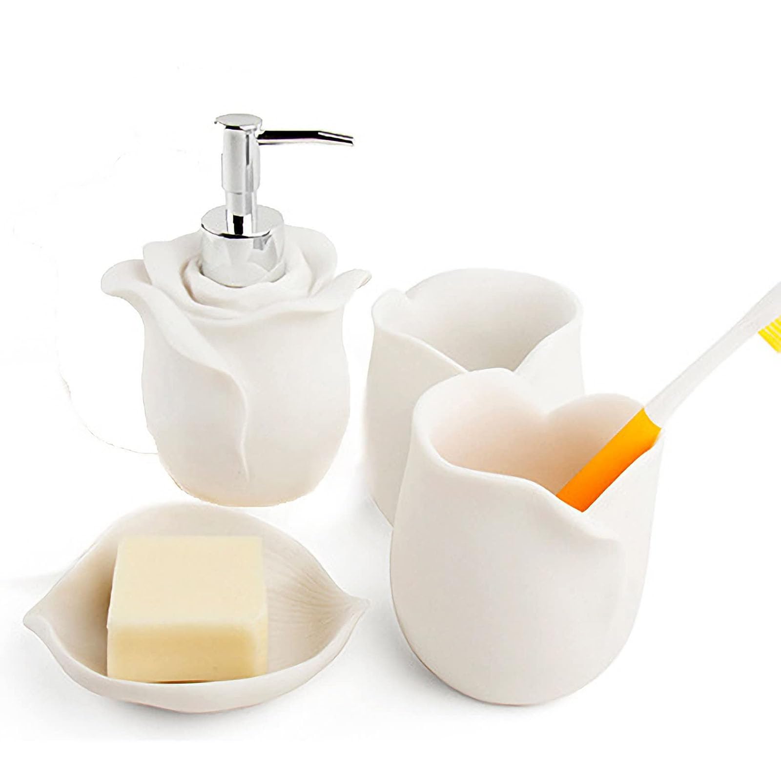 Moderno Decorativo 3D Rosas 4 Piezas Accesorios de Baño Set Dispensador de Jabón/Cepillo de Dientes TazaJabonera, 4 Piezas,Blanco
