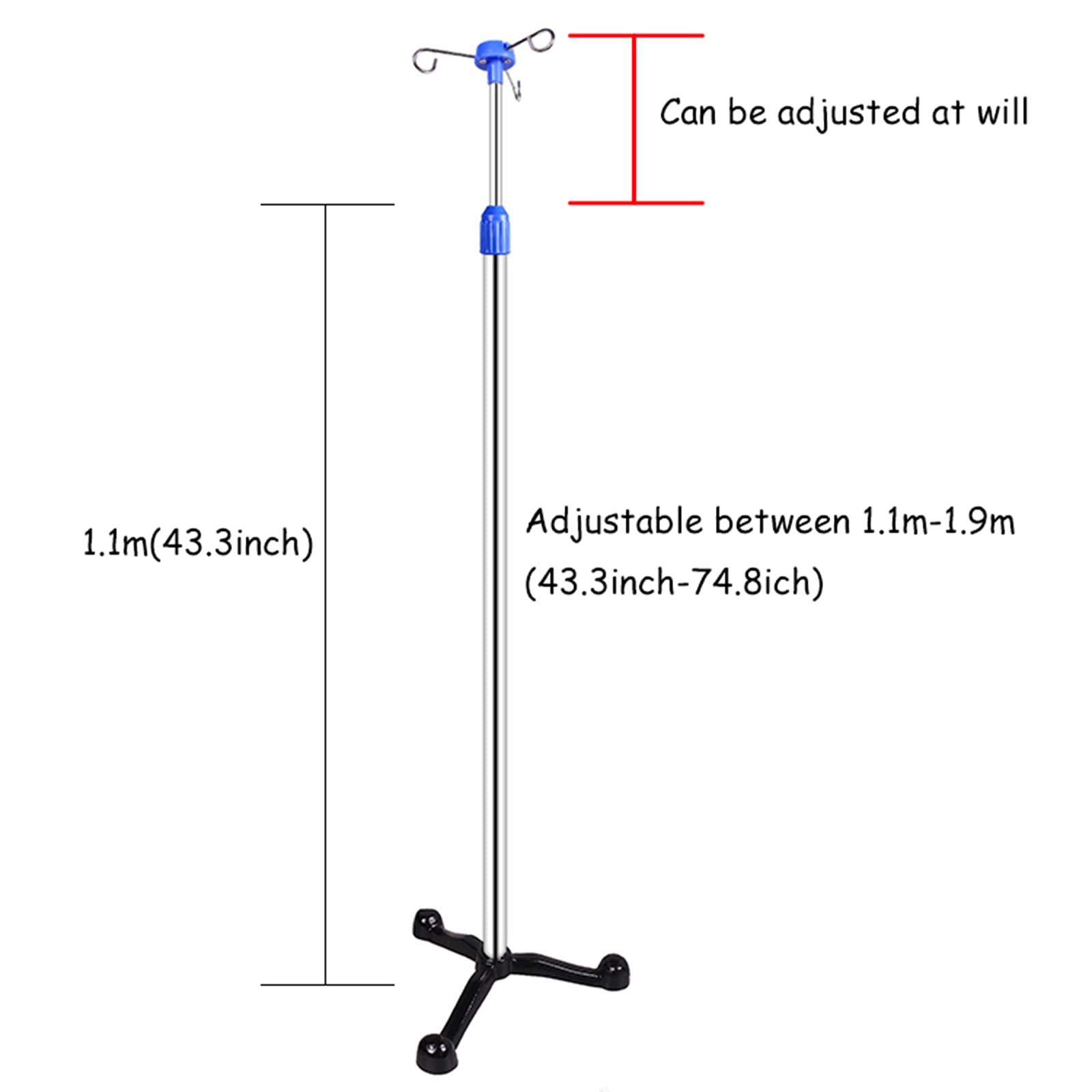 Soporte portátil para suero intravenoso, Altura Ajustable, de Acero Inoxidable, para hospitales y clínicas, con 2 Ganchos.