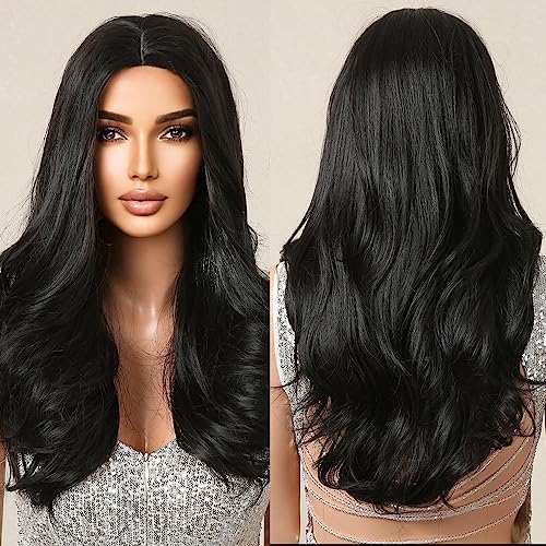 Image of El Cabell Black Wigs For Women Long Natural Hair Body Wave Middle Part Wig Lace In Forehead Synthetic Wig Glueless Wigs For Daily Part Use