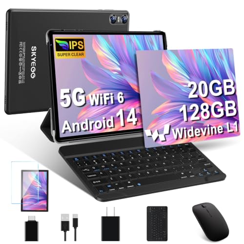 Image of Android 14 Tablet 10 Inch, 20 GB RAM + 128 GB ROM (expandable up to 1 TB), Octa-core Processor, Wi-Fi 6, Widevine L1, BT 5.0, 8 MP + 5 MP, 6000 mAh, USB-C, Tablet with Keyboard, Mouse and Case, Black