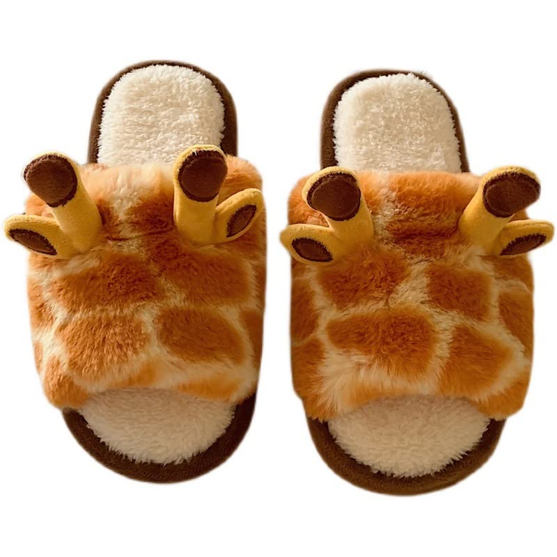 Fuzzy Slippers Women Kawaii Plush Furry Slip on House Slippers Cute Cotton Giraffe Winter Warm Slippers