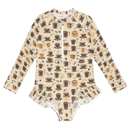 ALAZA Funny Coffee Bean Girls One Piece Swimsuit Long Sleeve Rash Guard Swimsuits UV 50+ Swimwear Zipper