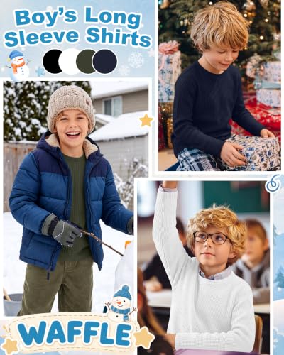 Image of 4 Pack Boys Long Sleeve Waffle Shirts | School Sweaters for Boys, Waffle Knit Thermal Shirts, Crewneck Thermal Casual Tops, Fall, Winter, Kids Clothes for 5-14 Y