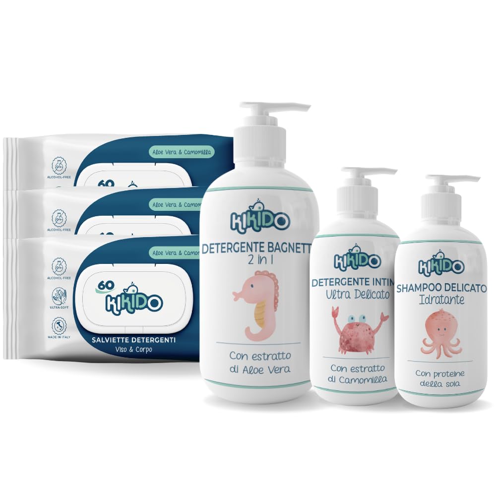 Kikido Cofanetto Nascita - Set Bagnetto Neonato con 3 Salviette, Shampoo, Detergente Intimo e Bagnoschiuma Bambini 2 in 1 - Kit Neonato Igiene Nascita per Pelli Sensibili - Regalo Lista Nascita