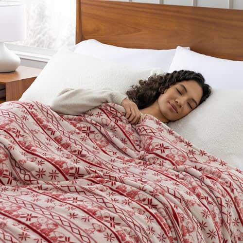 Image of Berkshire Peanuts VelvetLoft Cute Character Snoopy Plush Blanket,Cozy Fairisle Crimson Neutral,King 90 in x 108 in (Official Peanuts Product)