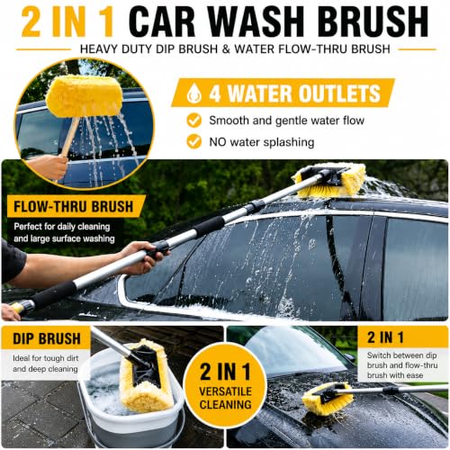 Image of Car Wash Brush with Long Handle, Scratch-Free Ultra Soft PP Bristle Mop Head, Water Flow-Thru Car Washing Brush with Hose Attachment for Exterior Cleaning Brush for Cars, Vehicle, Solar Panels