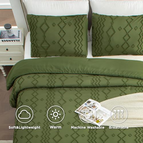 Image of Andency Olive Green Tufted Comforter Set Queen(90x90Inch), 3 Pieces(1 Boho Comforter, 2 Pillowcases) Textured Farmhouse Bed, Soft Down Alternative Geometric Bedding Set