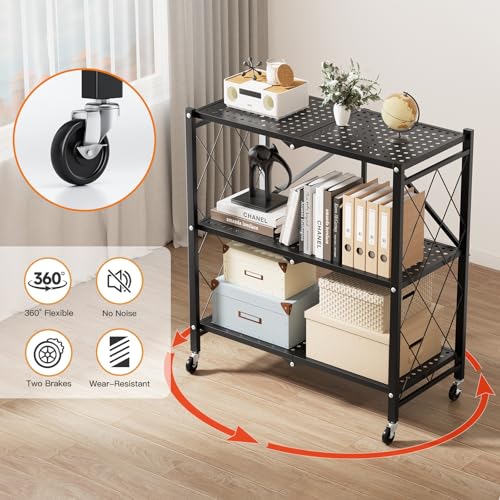 Image of Simple Deluxe 3-Tier Folding Storage Shelves, 27.95 inch W x 14.96 inch D x 34.25 inch H Foldable Shelving Unit, 750 Lbs Loading Capacity, Black
