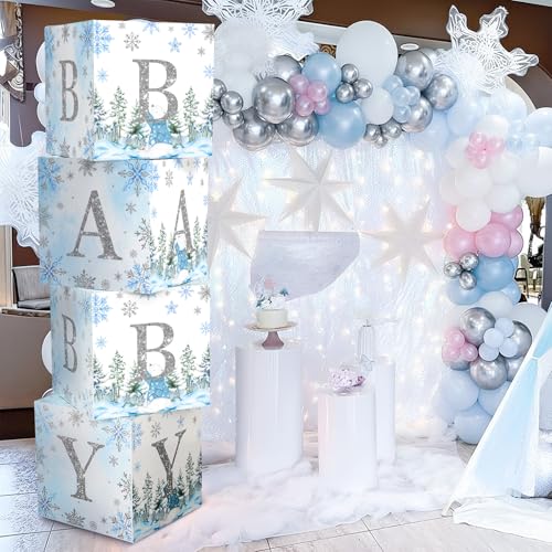 AmazingSpark 4 Pcs Winter Snowflake Blue Baby Shower Decoration Boxes with Letters Winter glitter Snowflake Wonderland Box Block Baby Shower Backdrop Centerpiece for Party