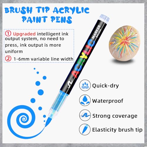 اقلام طلاء اكريليك 24 لون - اقلام تحديد اكريليك بطرف فرشاة ناعمة، اقلام طلاء اكريليك مقاومة للماء سريعة الجفاف للقماش والخشب والمعدن والسيراميك والحجر والبيض والطلاء الصخري والحرف الفنية التي تصنعها