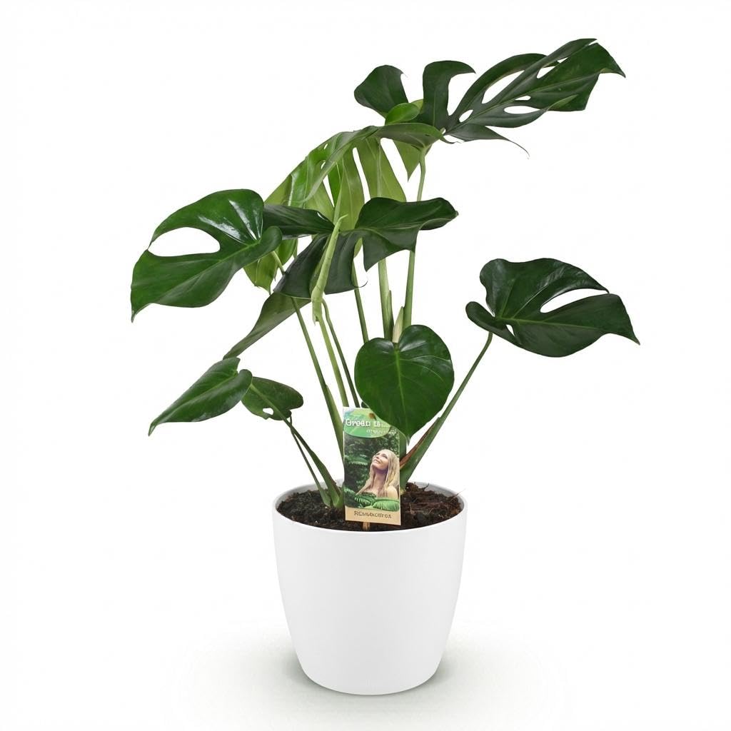 Monstera Deliciosa z białym wazonem, do wnętrz, zielona, 21 cm, 70-80 cm