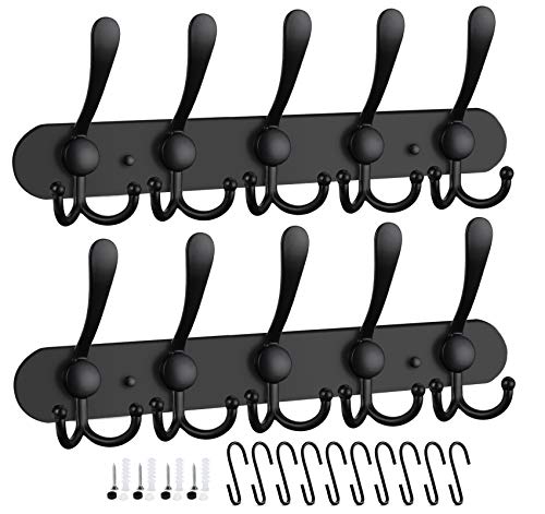 Lemonfilter 2 Pack Coat Rack Wall Mounted, 5 Tri Hooks, Heavy Duty, Stainless Steel Wall Coat Hanger with 10 Pack S Hooks for Kitchen, Bedroom, Bathroom, Entryway