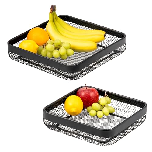eluno Obstkorb, Brotkorb 2er Set, moderne eckige Obstschalen, Drahtkörbe in zwei Größen, ideal geeignet für Obst, Gemüse, Brot und Snacks in Küche und Wohnzimmer aus schwarzem Metall