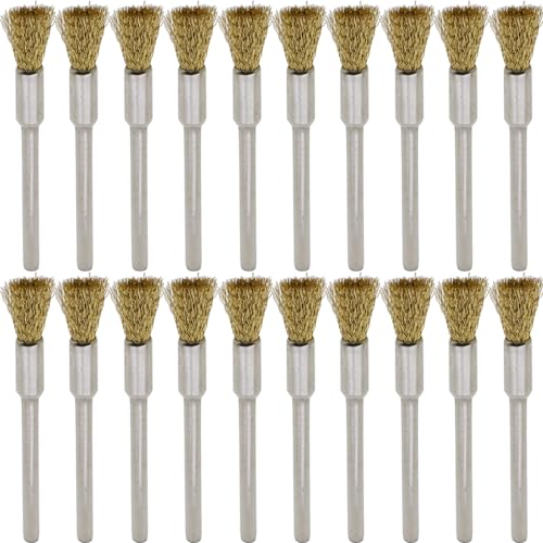 20PCS Brass Wire Brushes - Metal Rust Removal, Cleaning, and Polishing - 5mm Diameter, 1/8″ (3mm) Shaft - Removes Burrs, Dust, and Oxide Layer - Handles Rough Surfaces - Rotary Tool Accessories