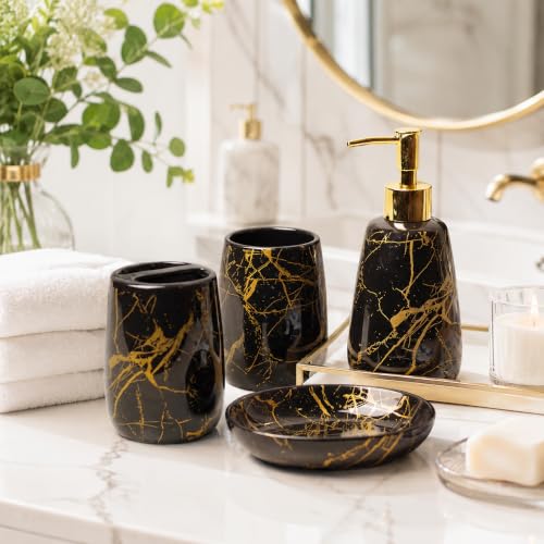 Image of Market99 Black Ceramic Bathroom Set of 4 - Stone Finish | Matte Cylindrical Bath Accessories | Bathware Set | Washroom Accessories | Luxury Gift Accessory for Home, Bathroom Decor