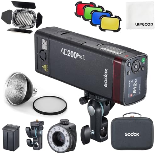 Godox AD200 Pro II Godox-AD200Pro II Godox AD200ProII Kit with BD-07 Barn Door & AD-S2 Bracket, 500 Full Power Flashes, Color Group Indicator, 0.01-1.8s Recycling for Professional Photography
