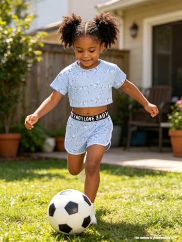 Image of Betusline Girls Summer 2 Piece Outfits,Kids Short Sleeve Crop Top & Shorts Set with Side Pockets