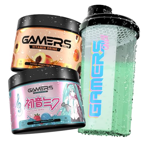 Gamers Only Vitamin Pulver Set [Zero Zucker] inkl. Shaker | Summer Strawberry Lime & Ruby Red Raspberry | 12 Vitamine & Aminosäuren | Vitamin B6 B12 & (Bubblegum & Pfirsich)