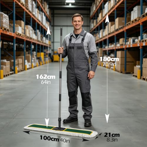 Image of MASTERTOP 40 inch Commercial Dust Mop for Floor Cleaning, Heavy Duty Flat Mop | Industrial 64 inch Long Handle Push Broom with 2 Cotton Pads for Hardwood, Tile, Laminate, Concrete, Warehouse & Gym Cleaning