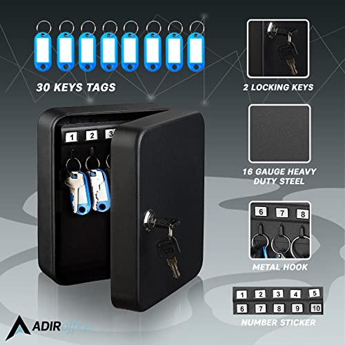 Adiroffice Key Lock Box Cabinet Wall Mount With Keys & 30 Colored Name Tags - Key Safe Organizer For A Mess Free Work Place Such As Car Dealer, Property Manager, Valet Parking & More (30 Keys, Black) #TOP1
