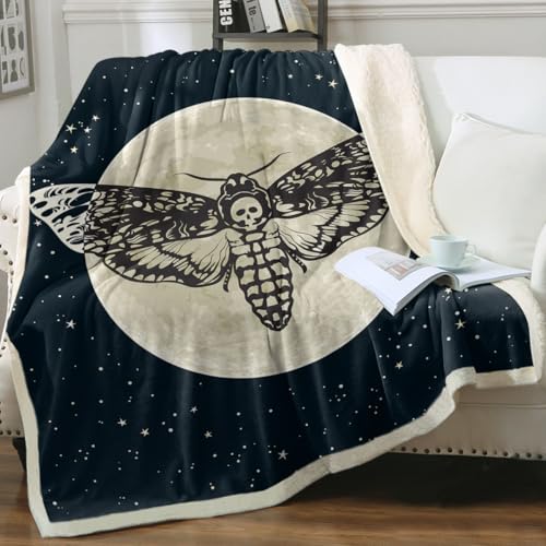 Sleepwish Death Moth Throw Blanket Hawk Moth Skull Sherpa Fleece Blanket Black Galaxy Star Print Blankets for Kids Teens Boys Men Gothic Halloween College Dorm Decor Baby(30