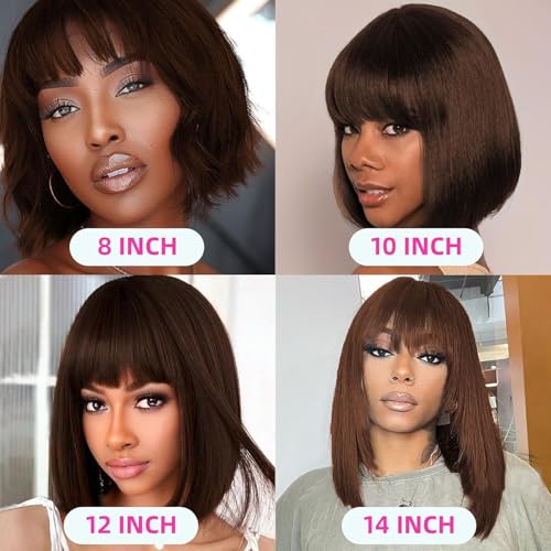 Chocolate Brown Straight Bob Wig Human Hair Short Straight Human Hair Wigs with Bangs Brazilian Straight Wig with Bangs None Lace Front Wigs For Black Women 14Inch - Image 3