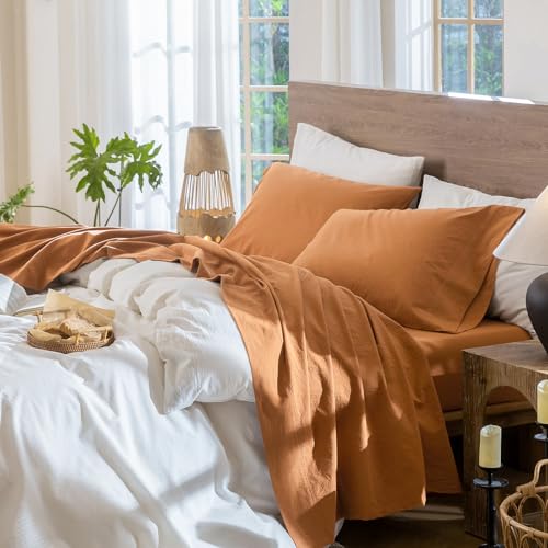 Image of MooMee Bedding Sheet Set 100% Washed Cotton Linen Like Textured Breathable Durable Soft Comfy (Solid Burnt Orange, Twin)