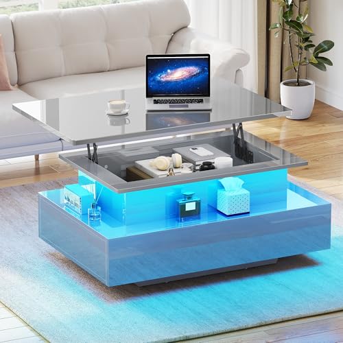 YITAHOME Mesa de Centro de Alto Brillo con Tira LED, Mesa de Centro elevable con Almacenamiento para Sala de Estar, Mesa de té Rectangular de Madera Moderna con 2 cajones