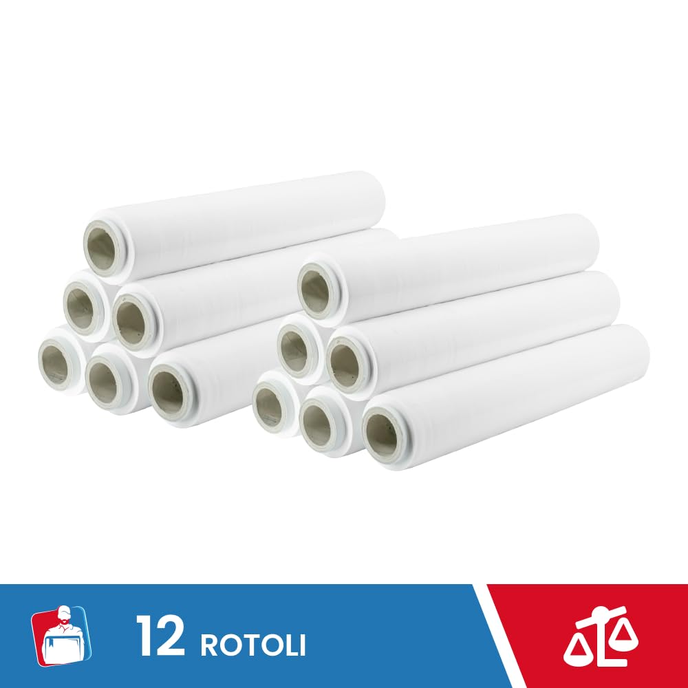 IMBALLAGGI 2000 - Wysuwana folia do pakowania białego, 12 rolek 160 x 30MYx50H cm do uniwersalnego opakowania, dodatkowa trwała folia opakowaniowa - rolka do pakowania do wysyłki i przeprowadzki