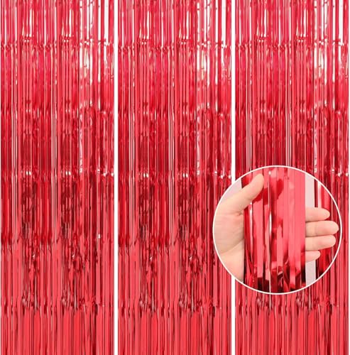 Image of Crosize 8 Pack 3.3 x 9.9 ft Red Foil Fringe Curtains Party Decorations, Tinsel Curtain for Birthday Bachelorette Valentines Day Graduation Parties, Door Streamers