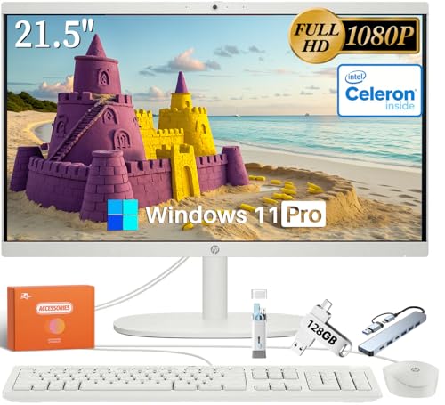 Image of HP All in One Desktop Computer, 21.5 inch FHD Anti-Glare Display, Intel Celeron J4025 Processor, 32 GB RAM, 2 TB SSD, Intel UHD Graphics, Wi-Fi 6, Webcam, Wired KB & Mouse, Windows 11 Pro, w /Accessories