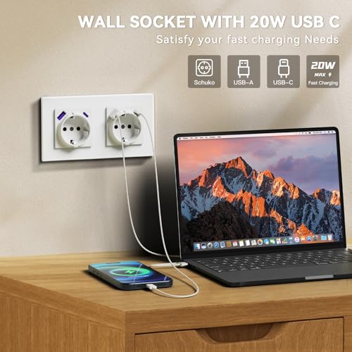 BSEED Steckdose mit USB C 20W, Schnellladen Wandsteckdose mit Krallen, EU-Standard Einbausteckdose Unterputz, Einfach Montage, 16A 250V, NEU E-Serie,2 Fach,157mm Weiß