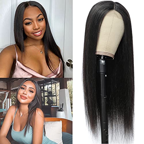 13x4x1 Straight Lace Front Wigs Human Hair T Part Lace Wig with Baby Hair Pre Plucked Bleached Knots, Middle Part Lace Frontal Wigs for Black Women 150% Density Natural Color 22 inch